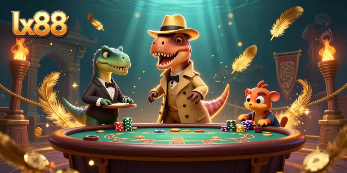 Experience exciting gameplay at lx88 with a velociraptor card counter amidst golden tokens and dynamic casino effects.