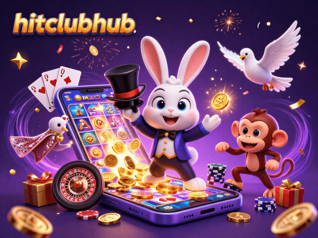 Experience the excitement of hitclubhub with a magician, dove, and monkey in a vibrant casino scene.