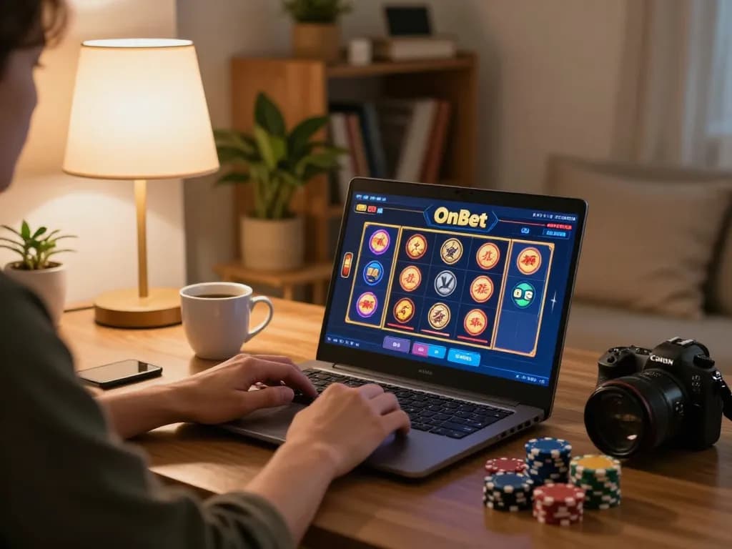 Engaging gameplay on OnBet, showcasing online slots in a cozy home setup.