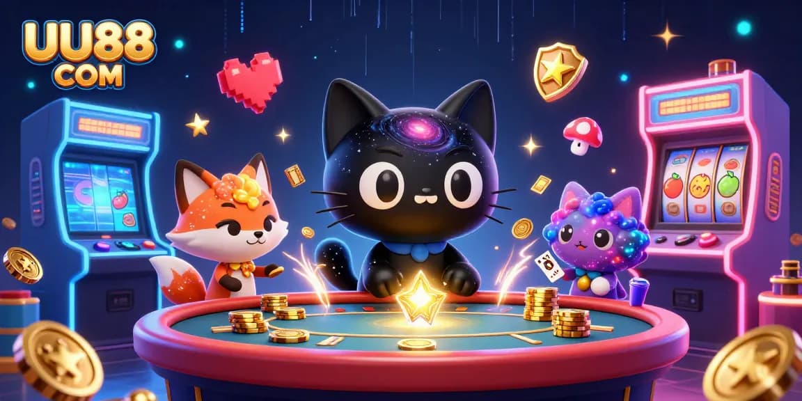 Engage with UU88 COM at a cosmic casino featuring a playful black hole cat and vibrant game elements.