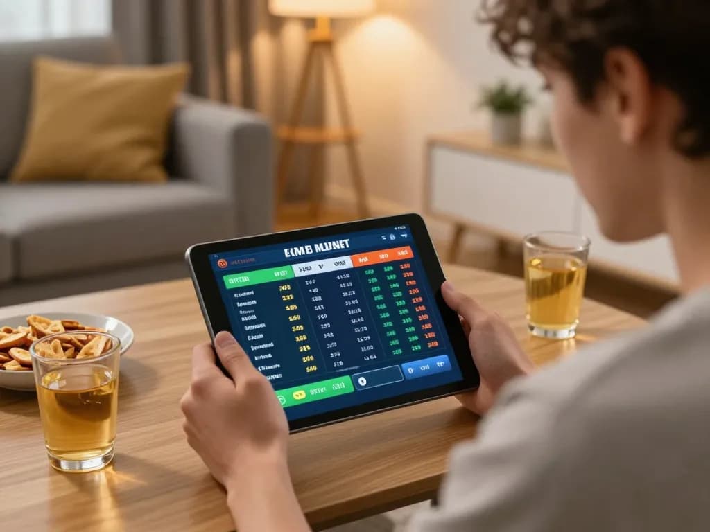 Engaging in online sports betting at home through LC88 link on tablet, showcasing live odds.