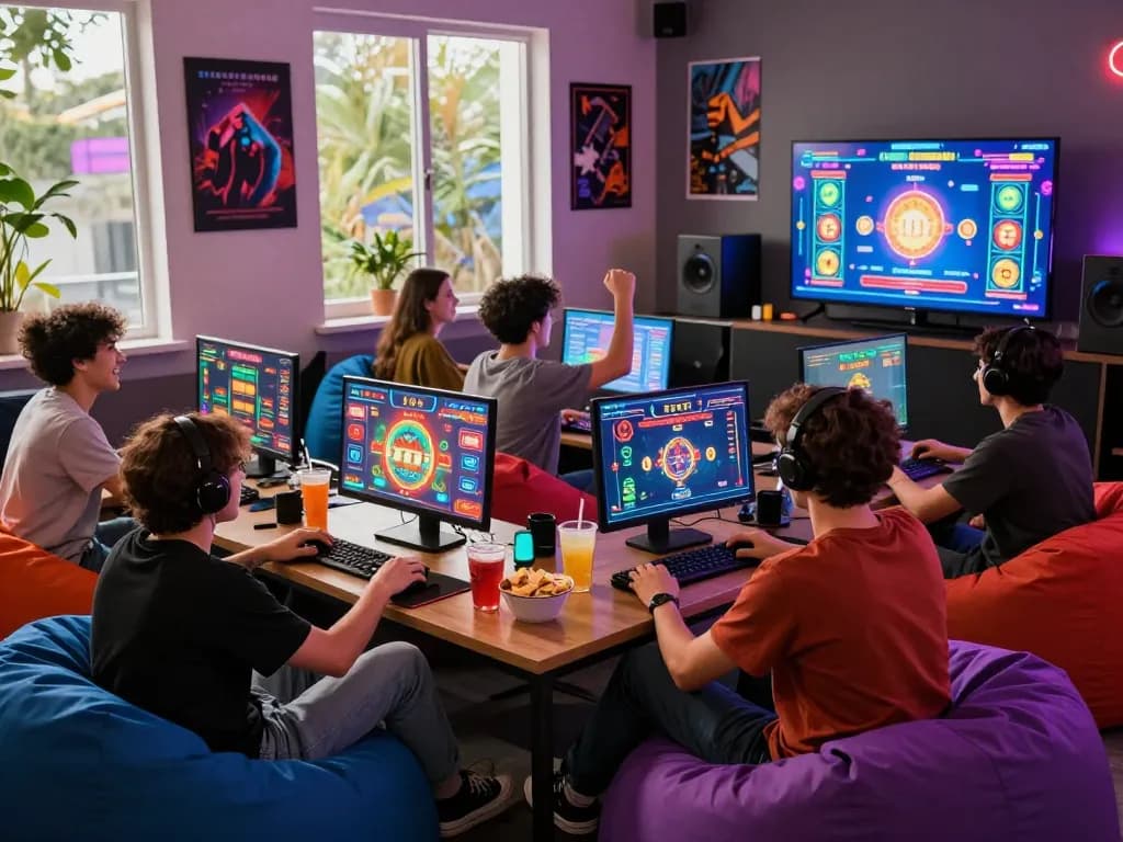 Interactive gaming lounge celebrating 娛樂城 with friends enjoying a vibrant atmosphere.