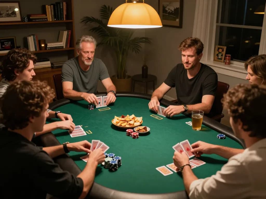 LLWIN players competing intensely at a stylish poker night table with chips and cards.