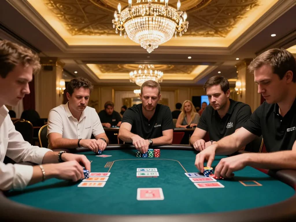 Hitclub players strategizing during an intense poker game in a luxurious casino setting