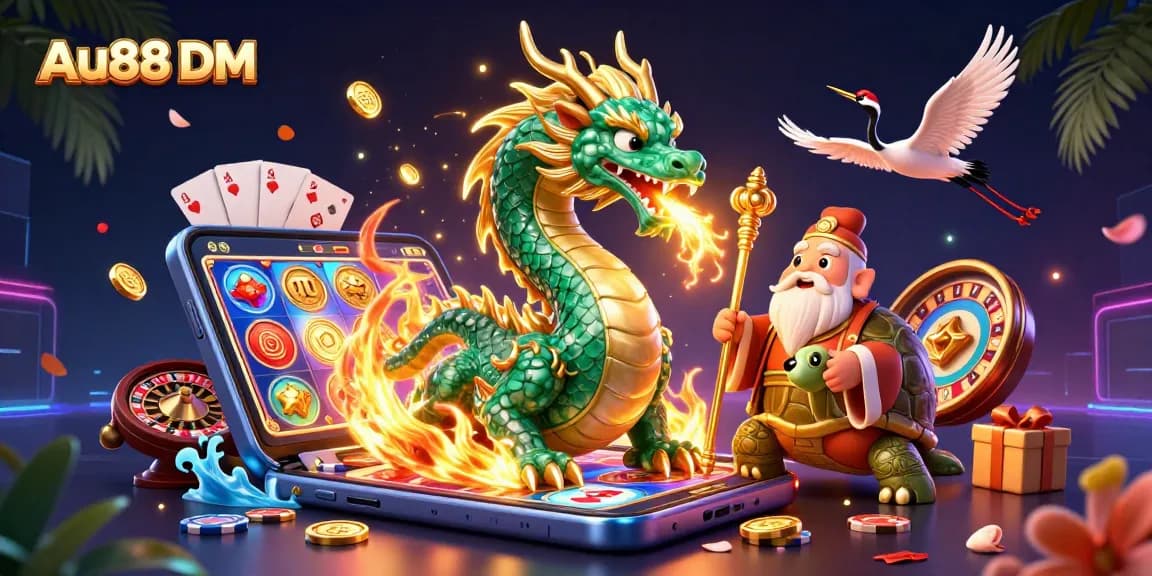 Engage in thrilling gameplay at Au88 DM with a vibrant 3D casino illustration featuring a jade dragon and lucky symbols.
