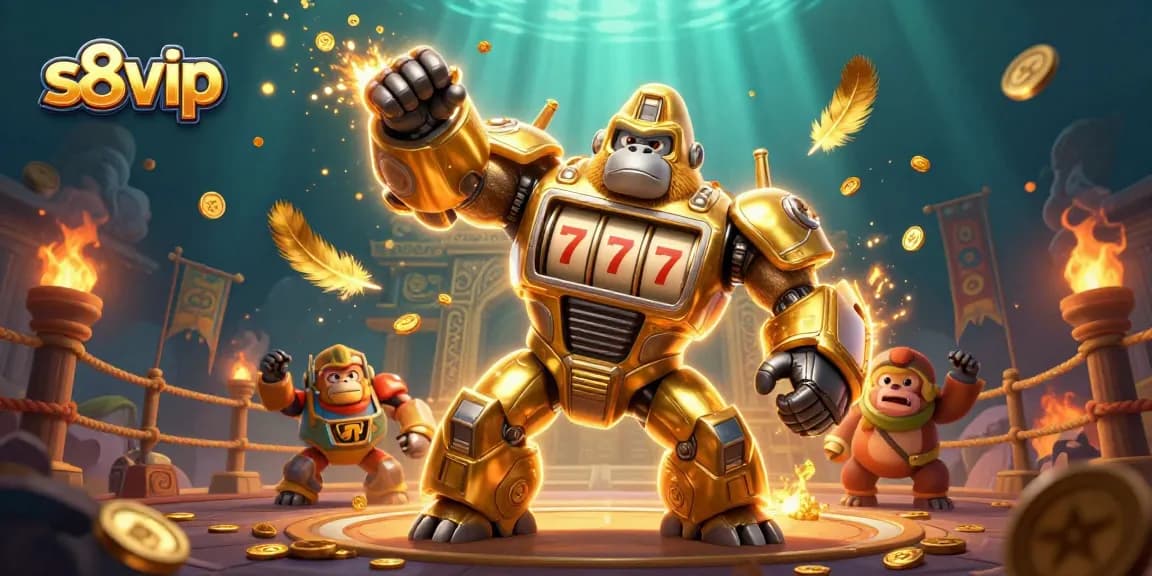 The s8 vip gaming experience showcases a dynamic 3D illustration featuring an engaging transformer gorilla mech amidst casino elements.