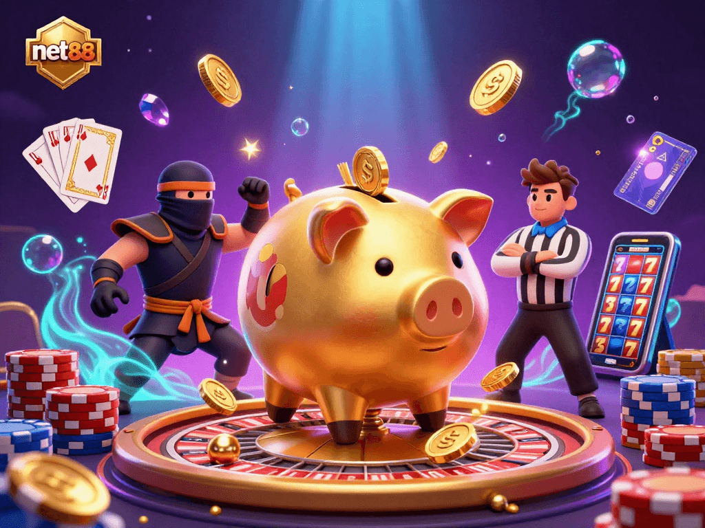 Engage with net88's thrilling casino action featuring a golden piggy bank wrestler and dynamic gameplay elements.