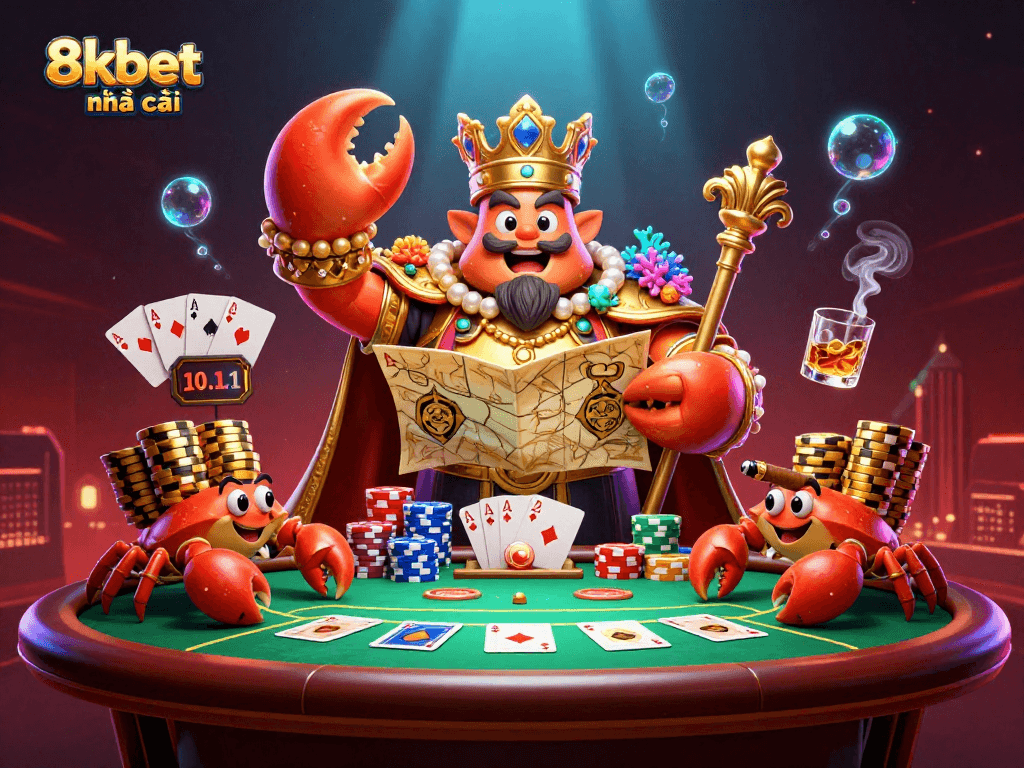 Join the excitement at 8xbet nhà cái with a vibrant scene showcasing a golden crab emperor at a poker table.