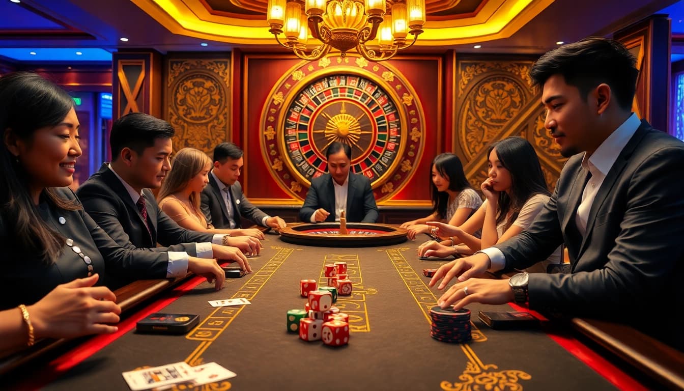 Engaged players at the da88 tài xỉu betting table in a luxurious casino environment.