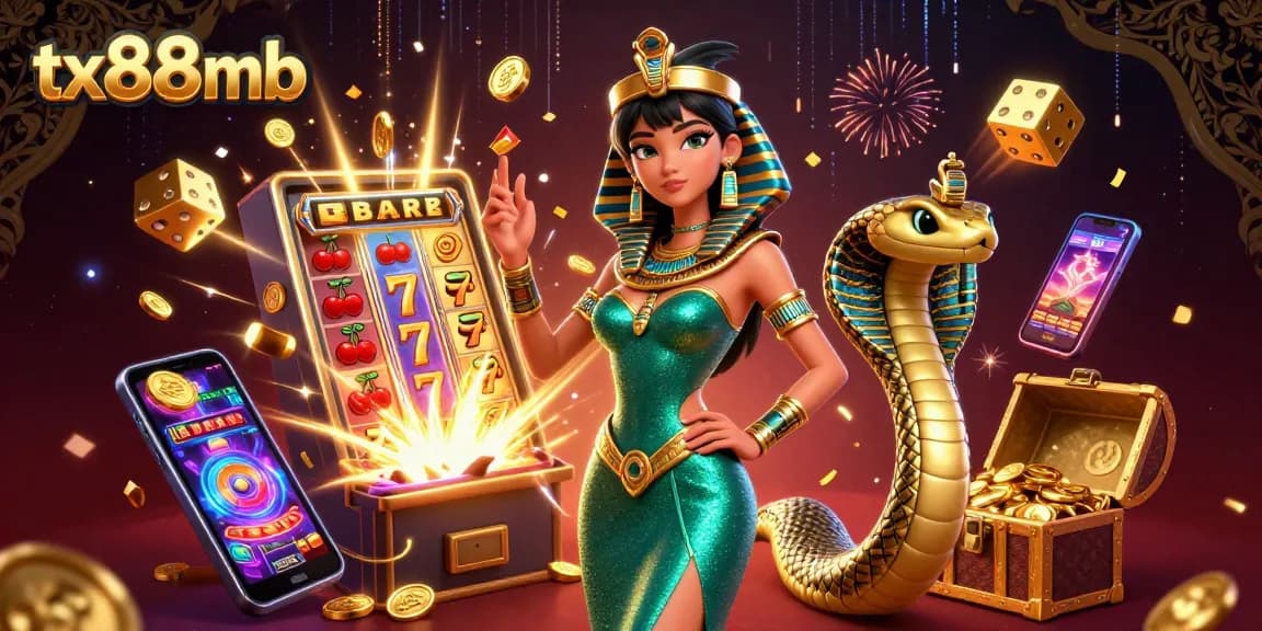 Experience tx88mb's vibrant casino world with golden elements, slot machines, and 3D characters.