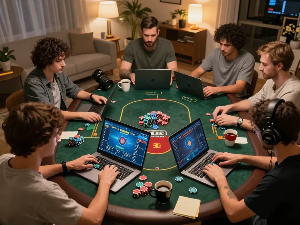 Players engaging in an exciting online poker session at home, showcasing U888 gaming excitement and strategic gameplay.