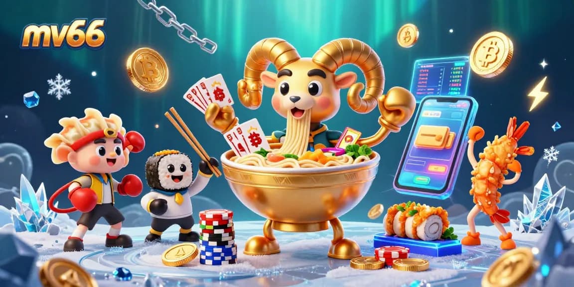 Experience the thrill of mv66 with a vibrant casino-themed 3D illustration showcasing colorful characters.
