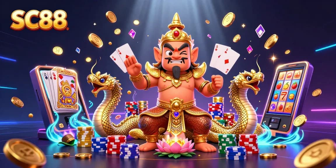Engage with SC88 for thrilling slots and epic rewards in this vibrant casino illustration.