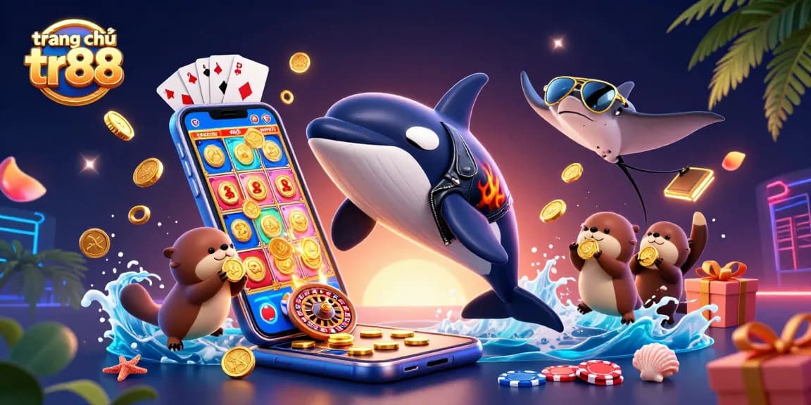 Experience the excitement of trang chủ tr88 with a vibrant casino scene featuring colorful characters and dynamic gaming elements.