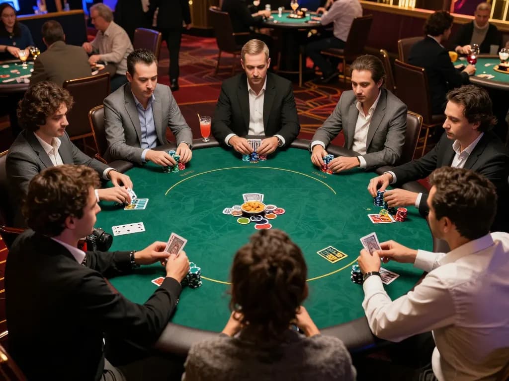 Players engaged in a poker game at 88bet com, showcasing a vibrant casino atmosphere.