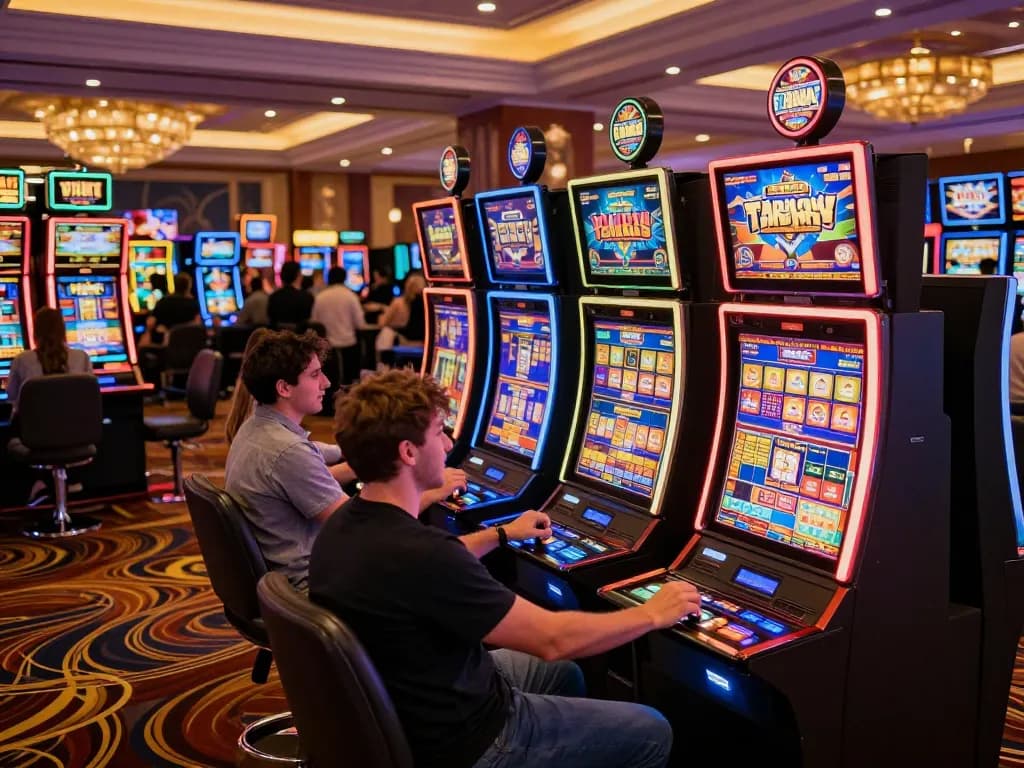 Players enjoying dynamic da88 slot machine gameplay in a vibrant casino atmosphere