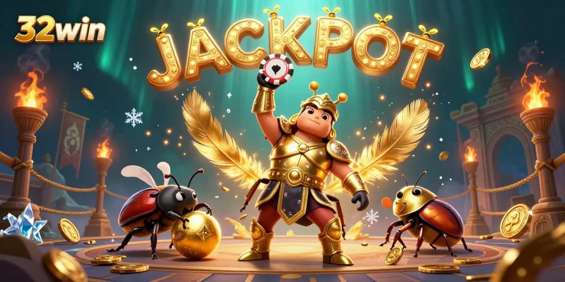Engage in thrilling gameplay at 32win with cartoon beetle characters celebrating a jackpot win.