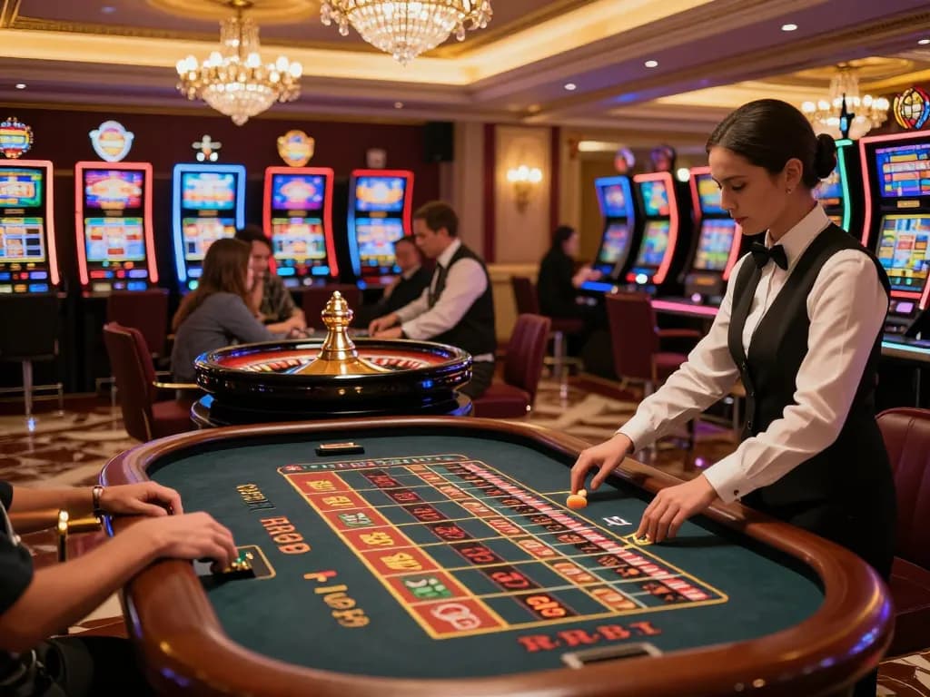 RR88 players eagerly placing bets at a roulette table in a vibrant casino atmosphere