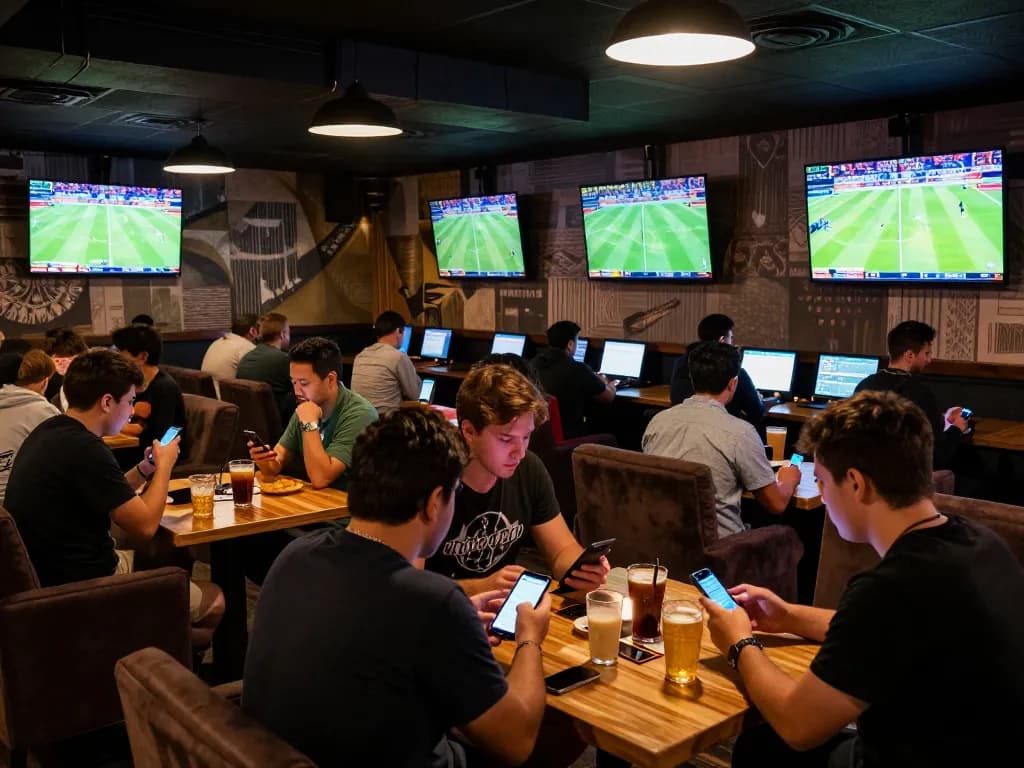 Engaged bettors using hubet app in a vibrant sports bar atmosphere while watching live events.
