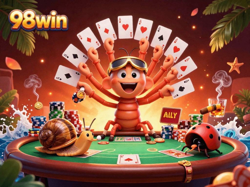 Experience thrilling 98win action with a vibrant casino scene featuring a millipede dealer and high-rollers.