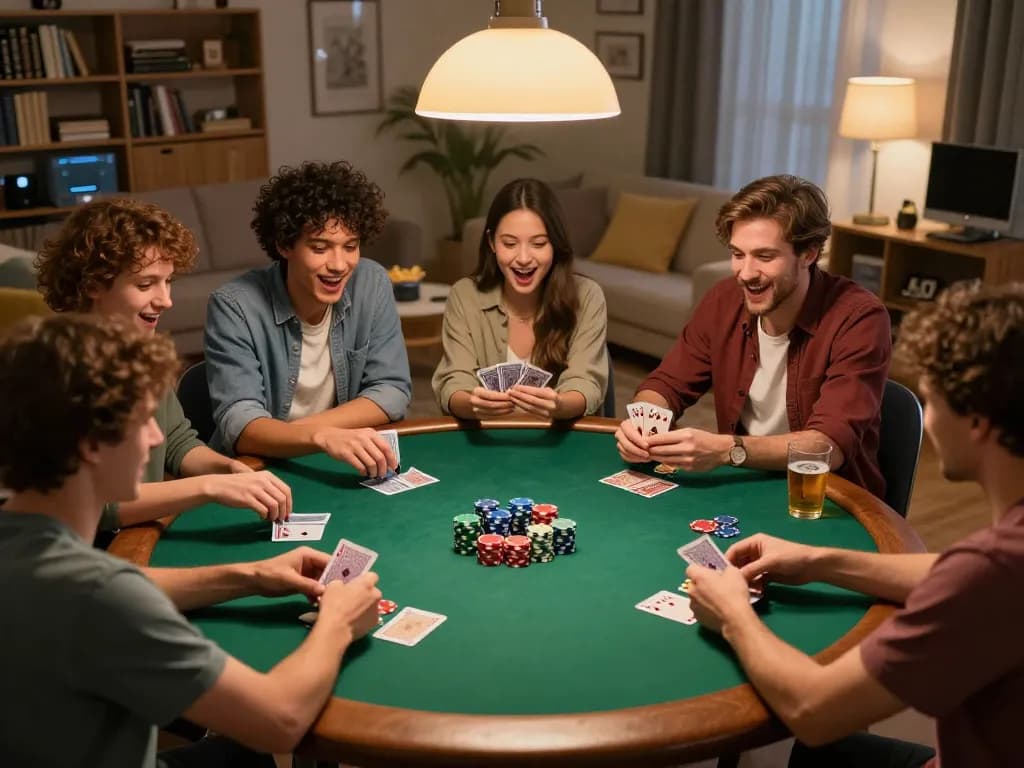 Enjoying a thrilling poker night at home with friends while using 789bethv for strategy insights.