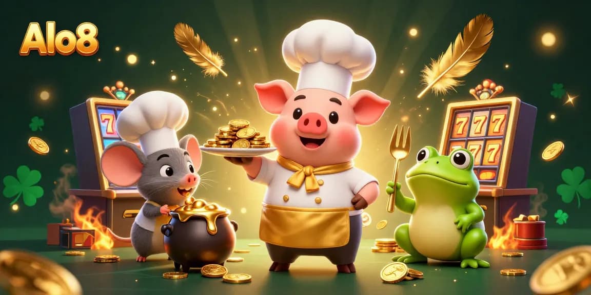 Alo8 engaging players with rich casino gameplay featuring a 3D pig chef, gold coins, and vibrant slot machines.