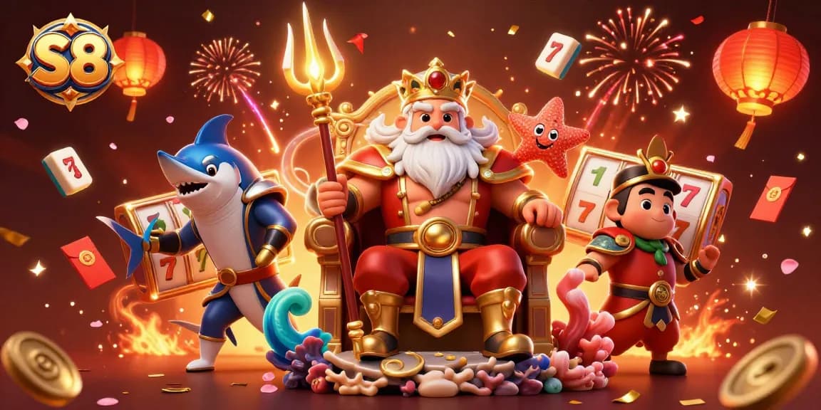 Spin the S8 slot reels with excitement, featuring a luxurious illustration of Neptune and friends.