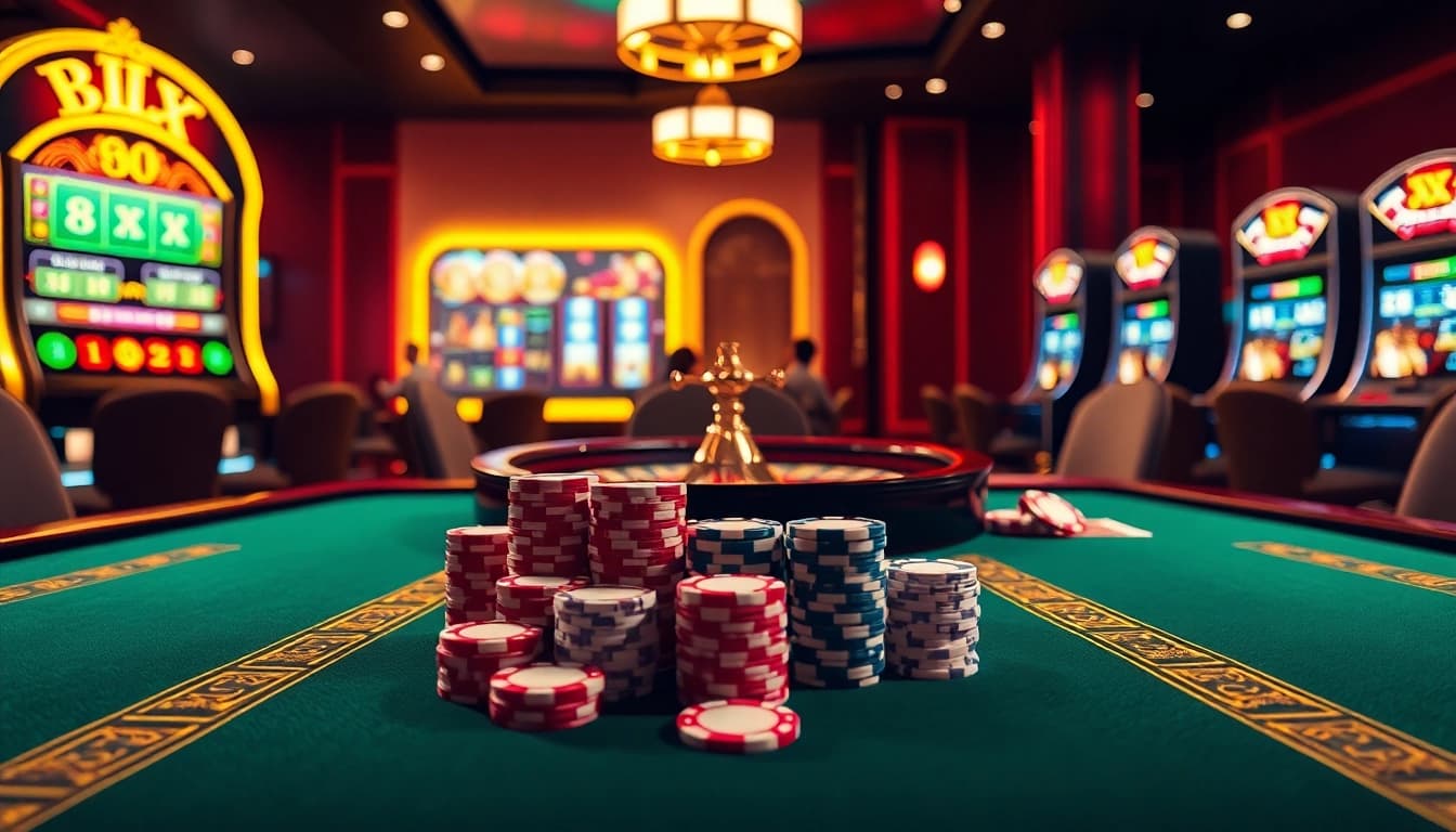 Poker players engage in high-stakes action at 8XX casino, featuring vibrant chips and cards.
