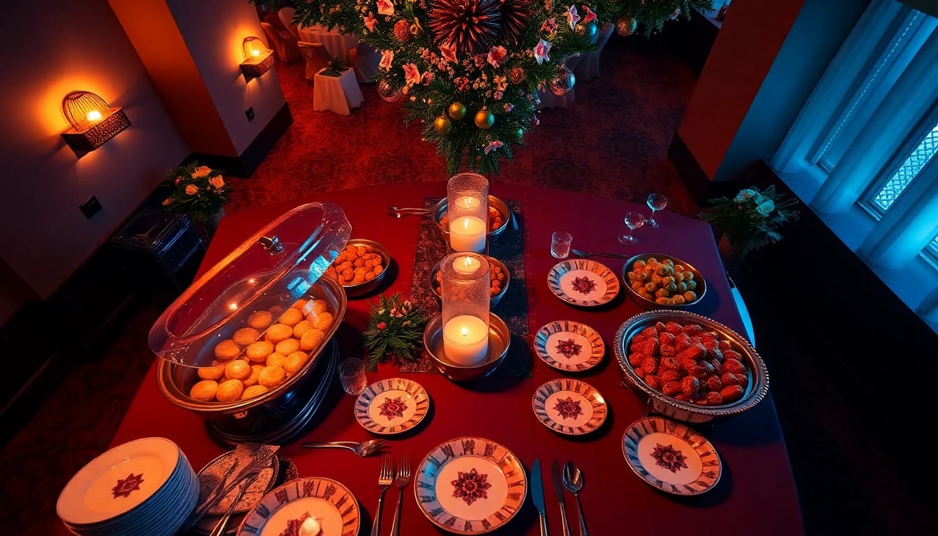 Enjoy a beautifully arranged Partyservice buffet featuring gourmet dishes and elegant presentation.