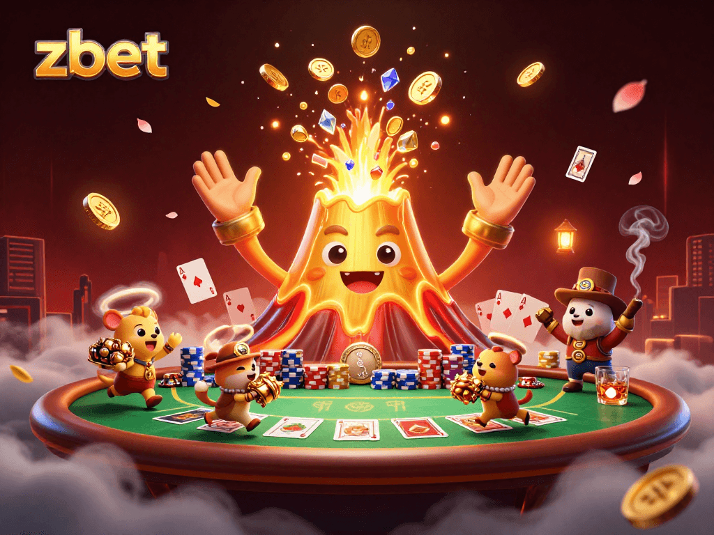 Experience the thrill of zbet with a stunning 3D illustration of a winning poker volcano erupting coins and treasures.