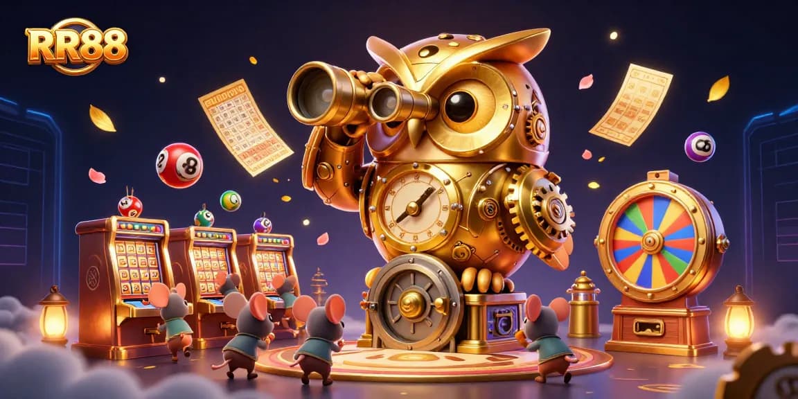 Engage with RR88's exciting gaming extravaganza featuring a clockwork owl and dynamic lottery elements.