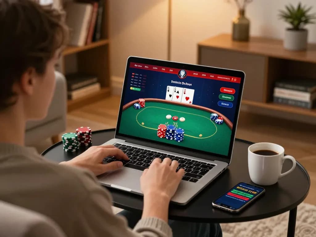 S666 poker game interface on laptop, showcasing engaging online gambling experience from home.