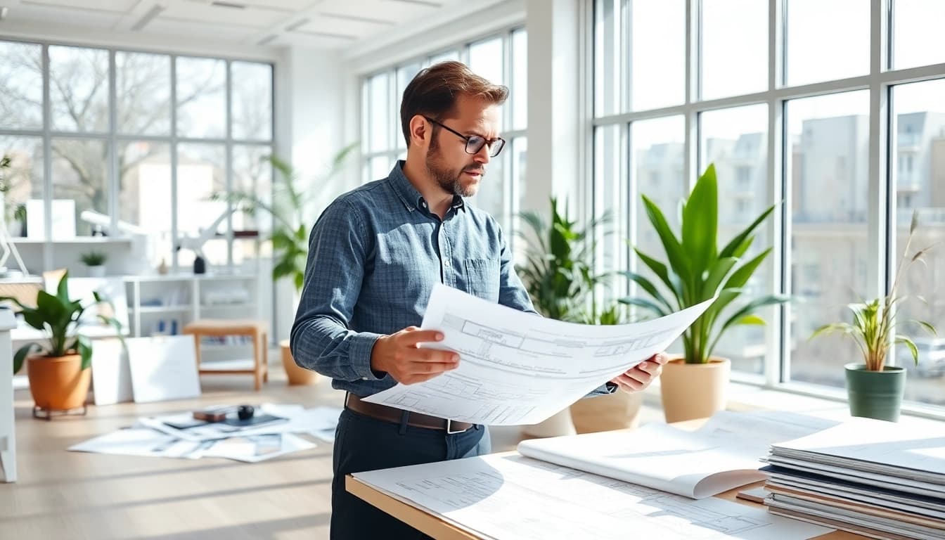 Planung und Entwurf für Haus bauen in modernem Büro mit Architekturmaterialien.