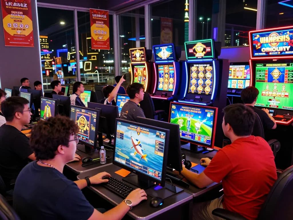 Engaged gamers thriving in the vibrant 79King online casino environment filled with neon lights and excitement.