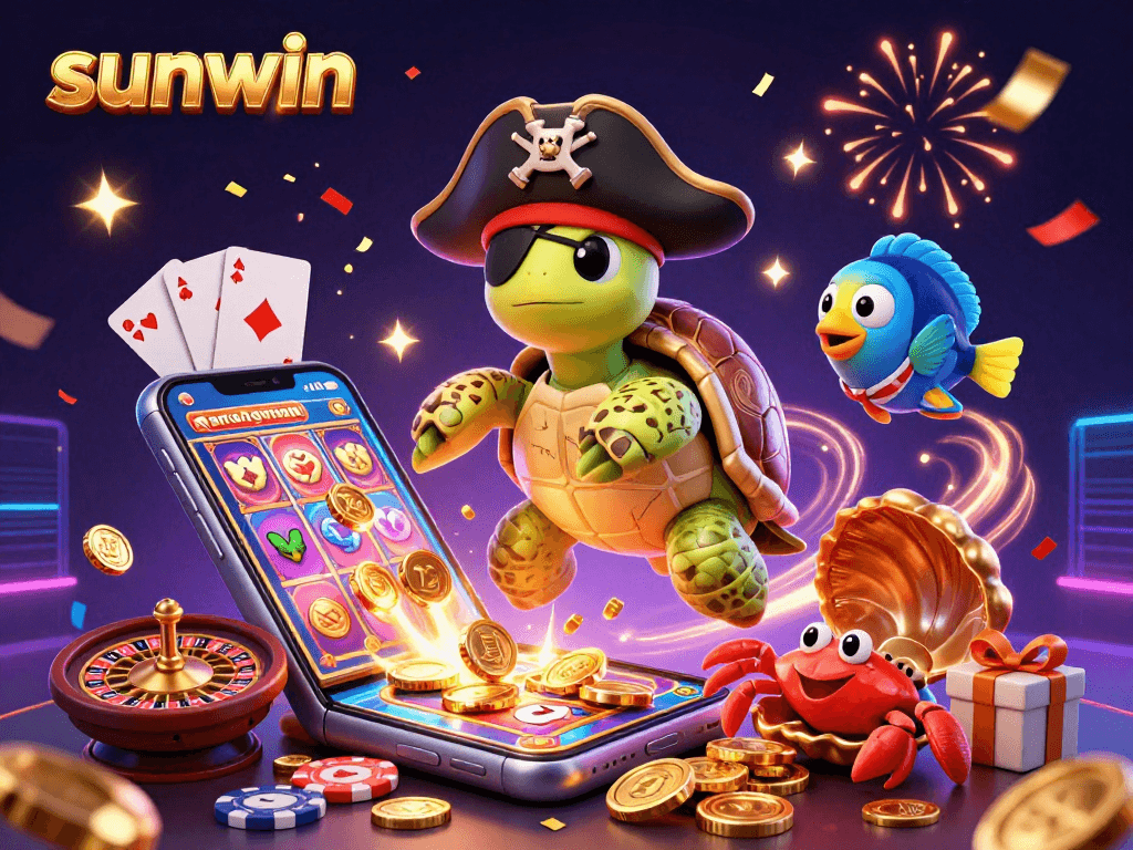 Experience thrilling games and rewards with sunwin at this vibrant casino scene featuring a playful turtle pirate.