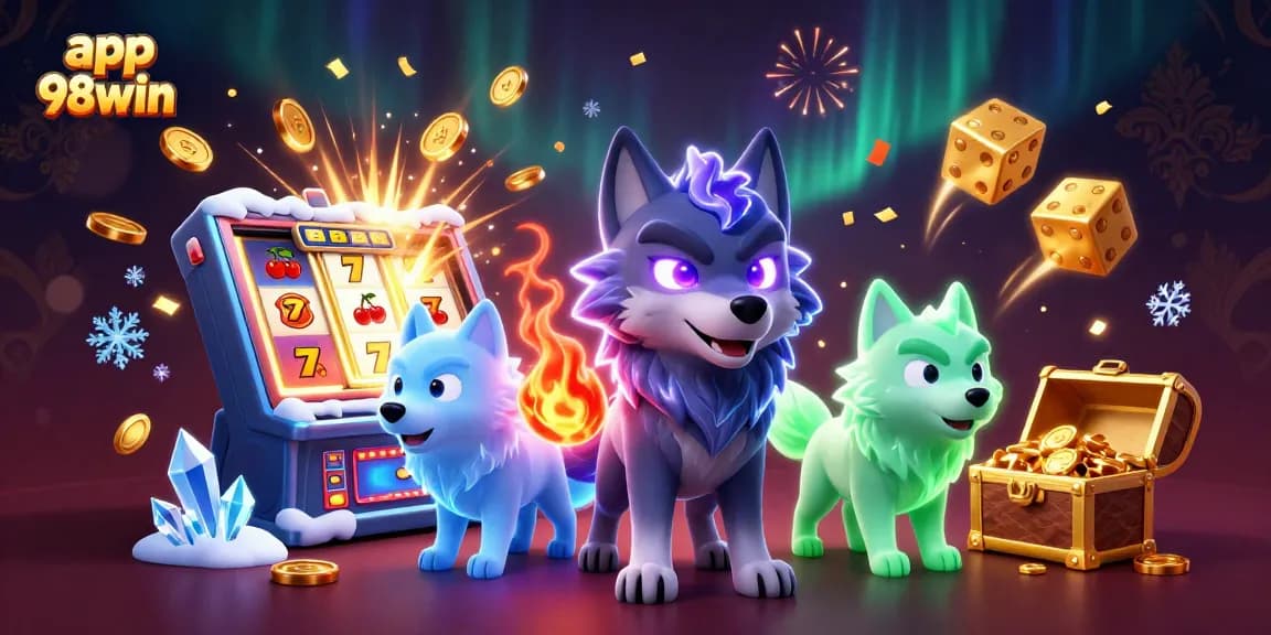 Engage with app 98win's thrilling casino games featuring energetic wolf characters and a jackpot explosion.