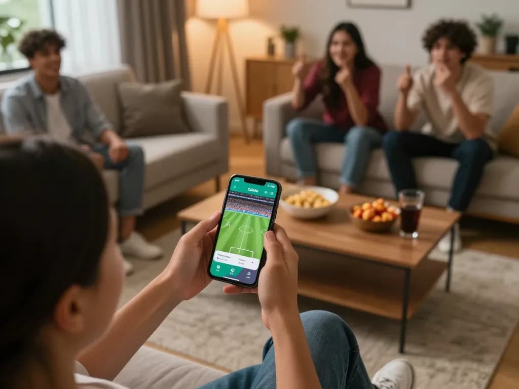 Cakhia user engaging with live football action on mobile in a cozy living room.
