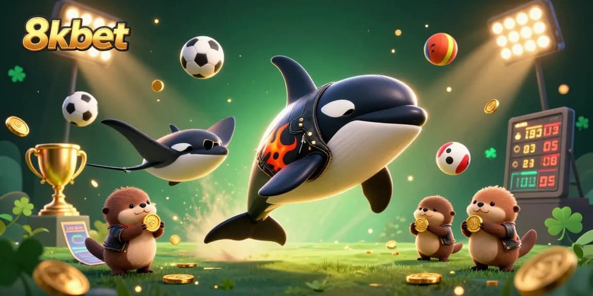 Experience the 8kbet thrill with a lively scene of playful sea creatures amidst golden coins and sports elements.