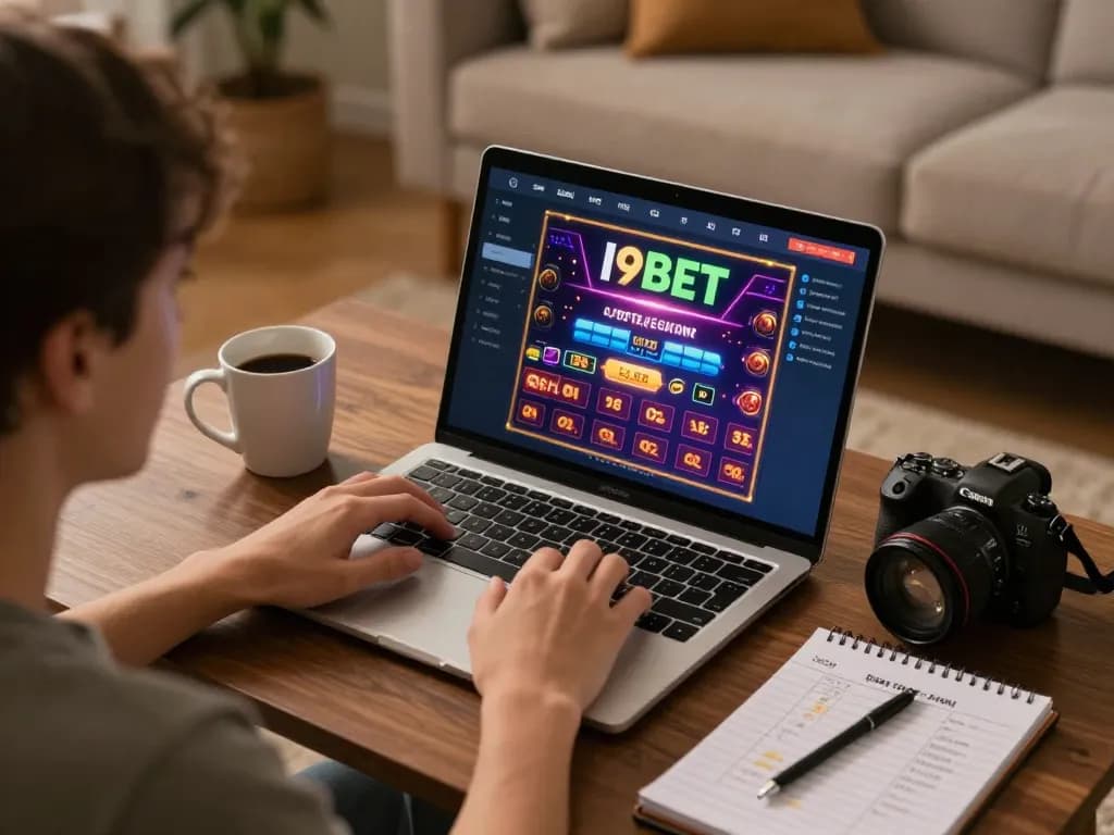I9BET user engaged in a dynamic online gaming session with strategy notes nearby.