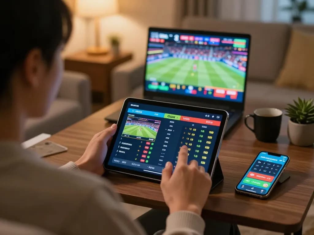 Engaging with fly88 sports betting app on tablet in cozy home setting