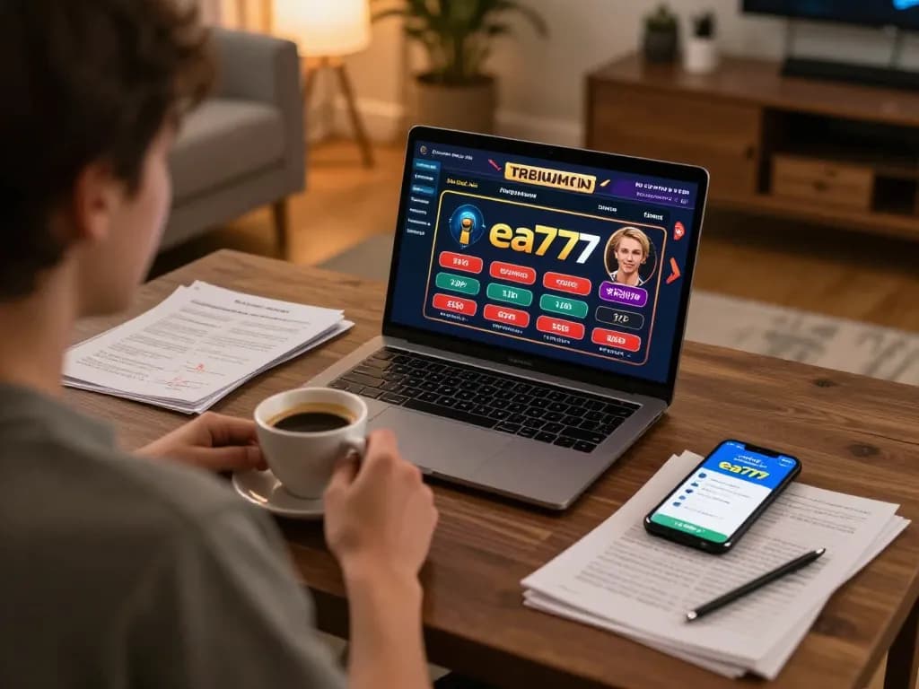 Person playing online casino games on ea77 platform at home, focused on strategic gameplay and cozy atmosphere.