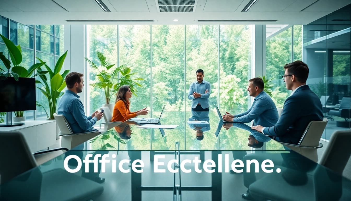 Das Bild vermittelt Office Excellence in einem modernen Büro mit innovativem Design und engagiertem Team.