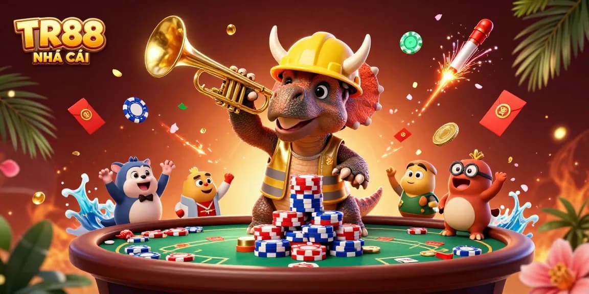 Experience the excitement at TR88 NHÀ CÁI with this dynamic 3D casino illustration featuring playful characters and vibrant casino elements.