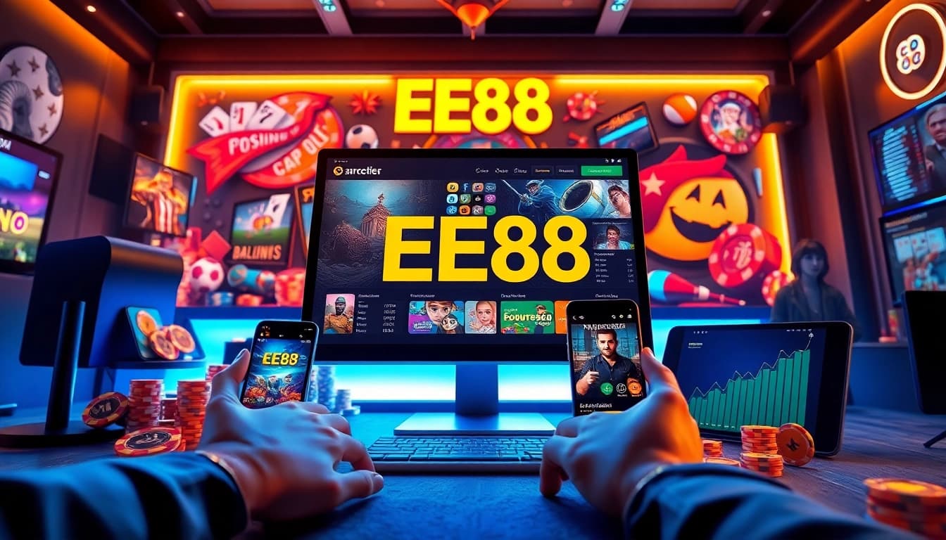 EE88 online gaming platform with vibrant 3D interface in a modern environment, appealing to gamers.