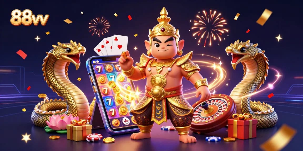 Experience thrilling gameplay with 88vv as a yaksha guardian and Naga companions celebrate slots and wins.