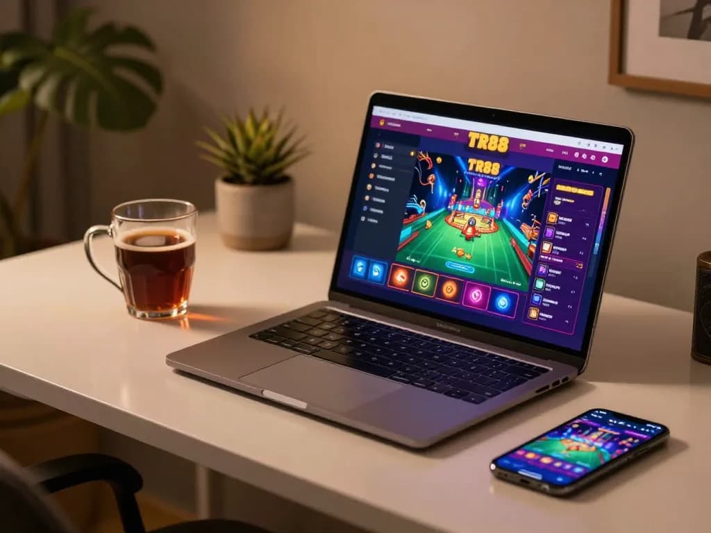 Engaging gameplay at TR88 with vibrant online casino interface on a laptop while enjoying a comfy home environment