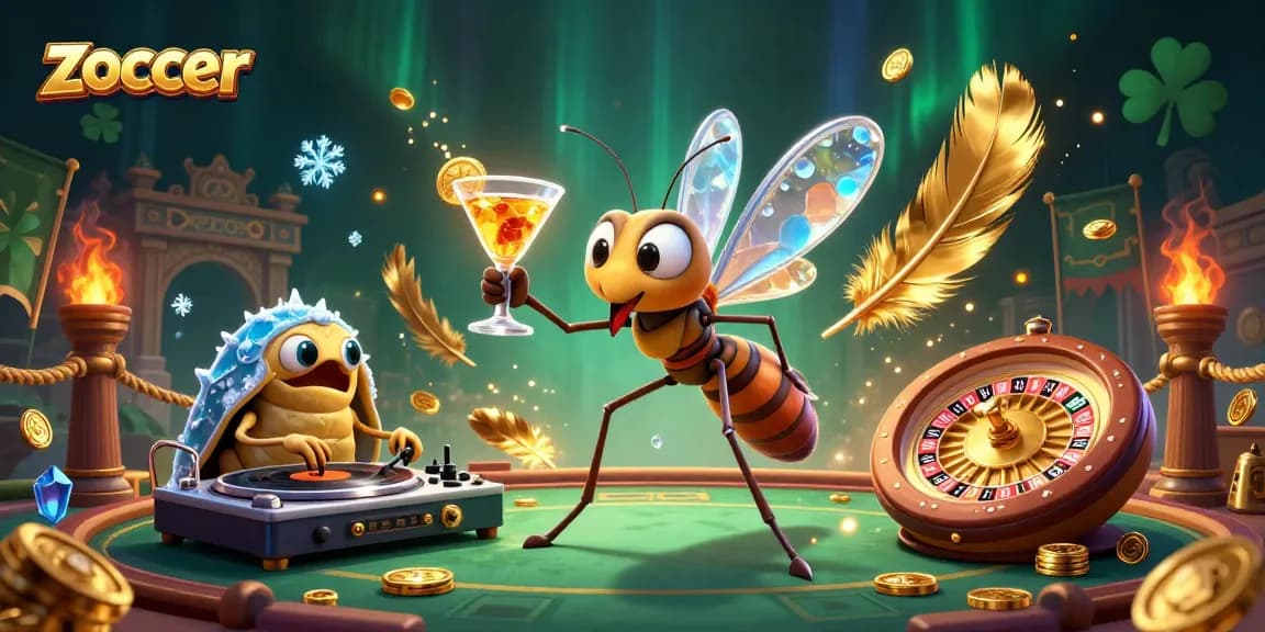 Zoccer casino mascot illustrates gaming excitement with a unique frozen mosquito character and an ammonite roulette wheel.
