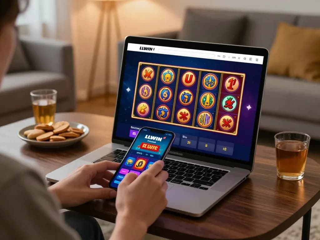 Person engaging with the LLWIN Function app while enjoying a cozy home atmosphere for responsible gambling