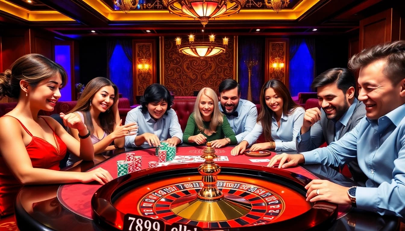 Gambling excitement at 789club with poker chips and cards in a luxurious casino setting.
