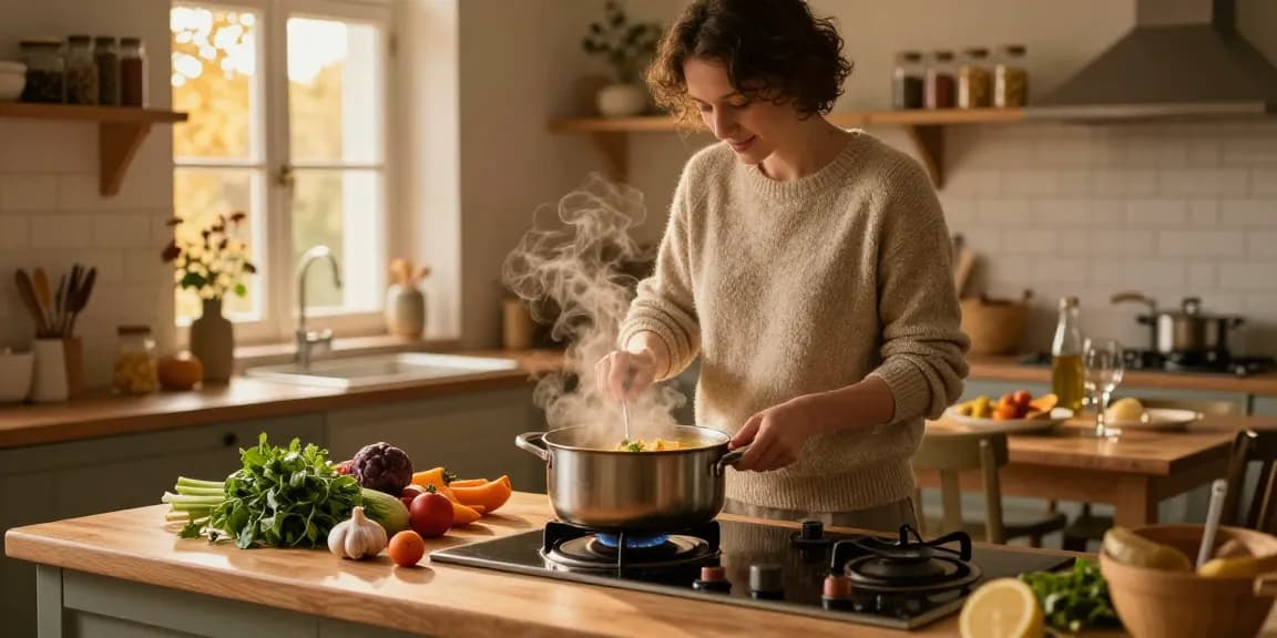 Delicious Klare Suppe Zutaten auf einer rustikalen Küchenarbeitsplatte, die Wärme und Komfort hervorhebt.